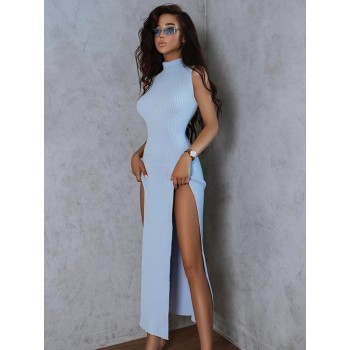Split Long Dress for Women Fashion Holiday Outfits Sleeveless Tank Maxi Dresses Turtleneck Knitted Blue Dress 